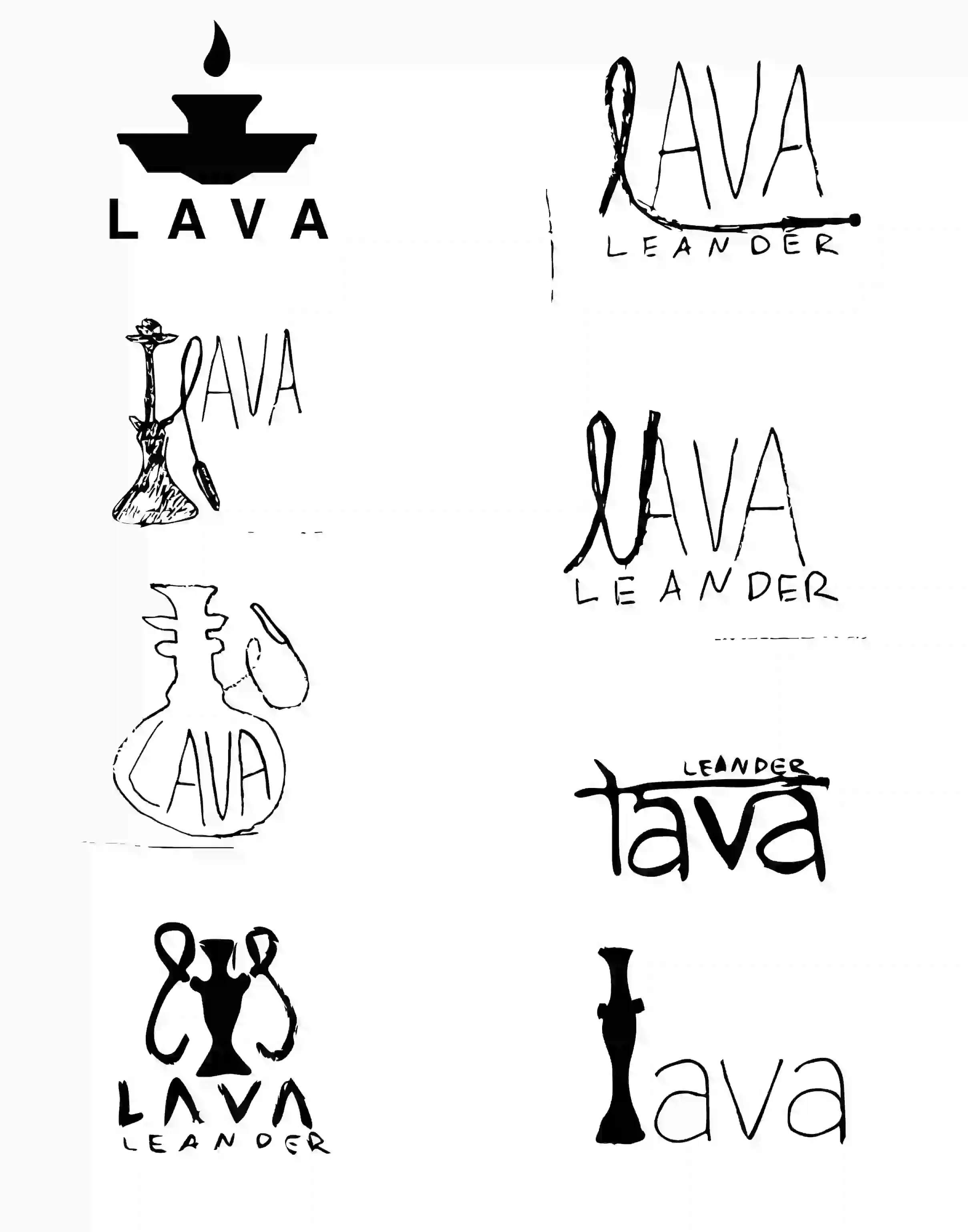 Eight hand-drawn thumbnail sketches showing a range of logo directions: illustrated hookah silhouettes, type-integrated approaches, and abstract vessel forms